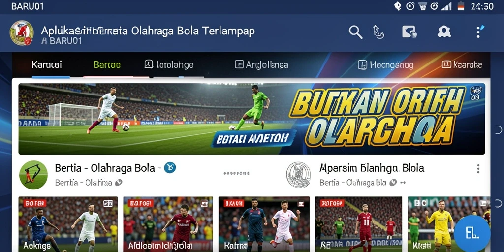 Tampilan antarmuka utama BARU01 dengan berita olahraga bola.